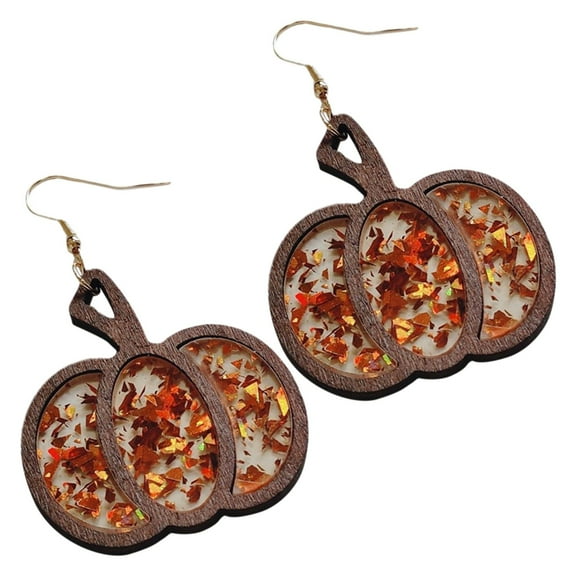 SUSHANG Pumpkin Wooden Earrings Halloween Pumpkin Wooden Dangle Earrings Handmade Lightweight Leopard Cow Print Leather Dangle Earrings for Women Glitter Thanksgiving Earrings