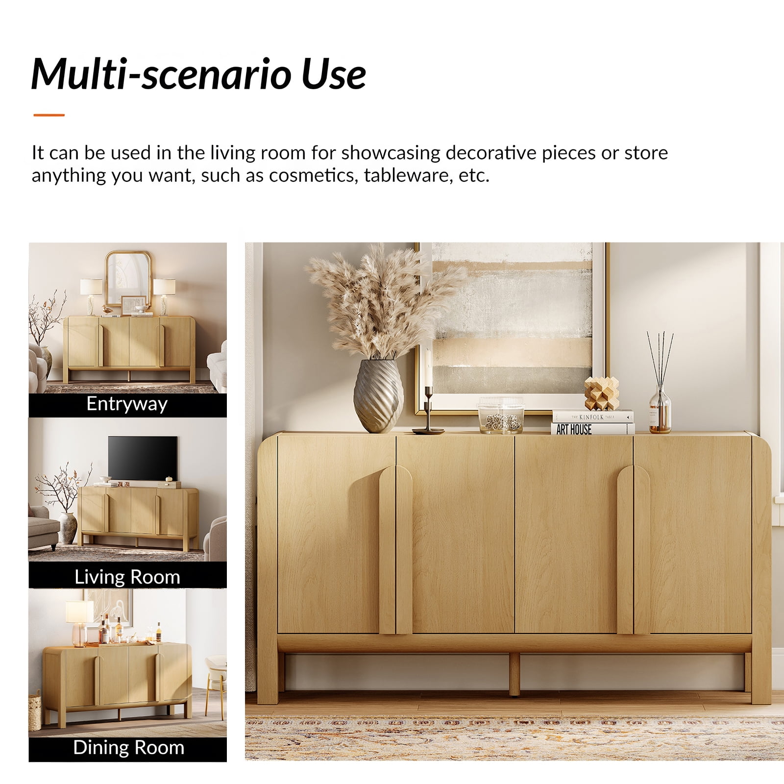 Mid-century 63" Wood Sideboard Buffet Cabinet with Storage, Modern Credenza with Doors and Adjustable Shelves for Kitchen Living Room, Dining Room