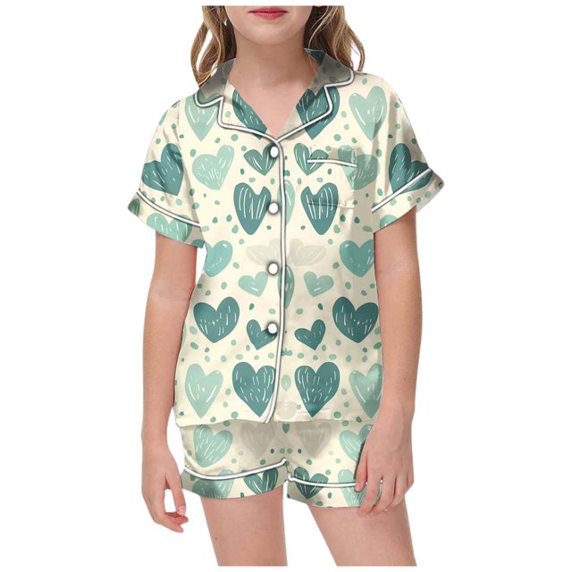 WEAIXIMIUNG Girls' Valentine's Day Printed Pajamas Short Sleeved Button Top Shorts Home Pajamas Set 8-9 Years