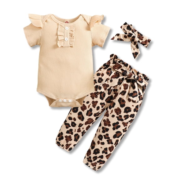 Dooleck Ribbed Baby Girl Clothes Infant Ruffle Bodysuit Bow Halen Pant Outfit Set
