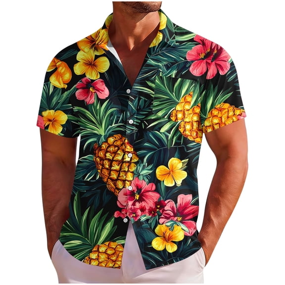 Ceisia Men's Pineapple Tropical Flower Print Hawaiian Shirt Short Sleeve Button Down Summer Beach Shirt Army Green XXL Gifts for Father
