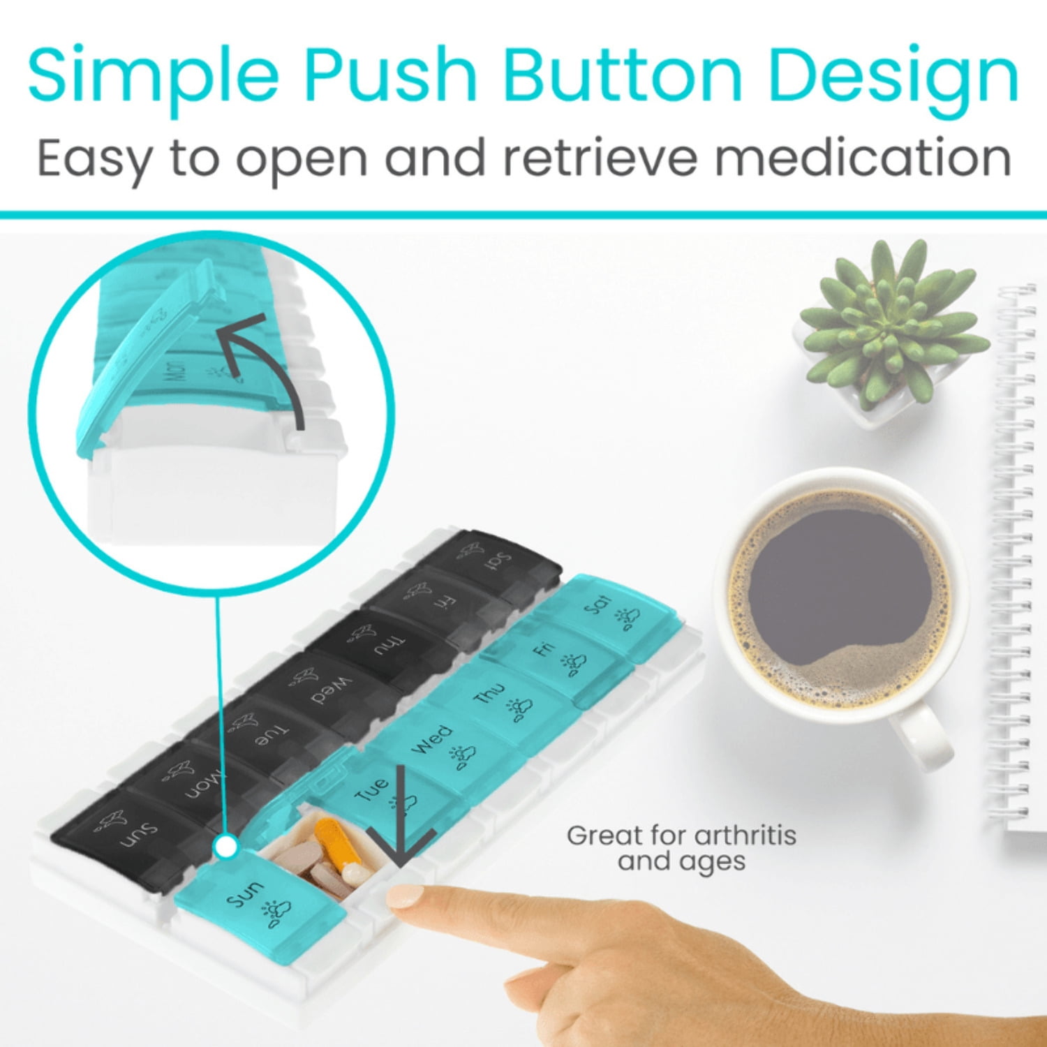 Vive Weekly Medication Organizer – Push-Button Pill Box with Removable AM/PM Trays, BPA-Free Travel Medicine & Vitamin Storage Case
