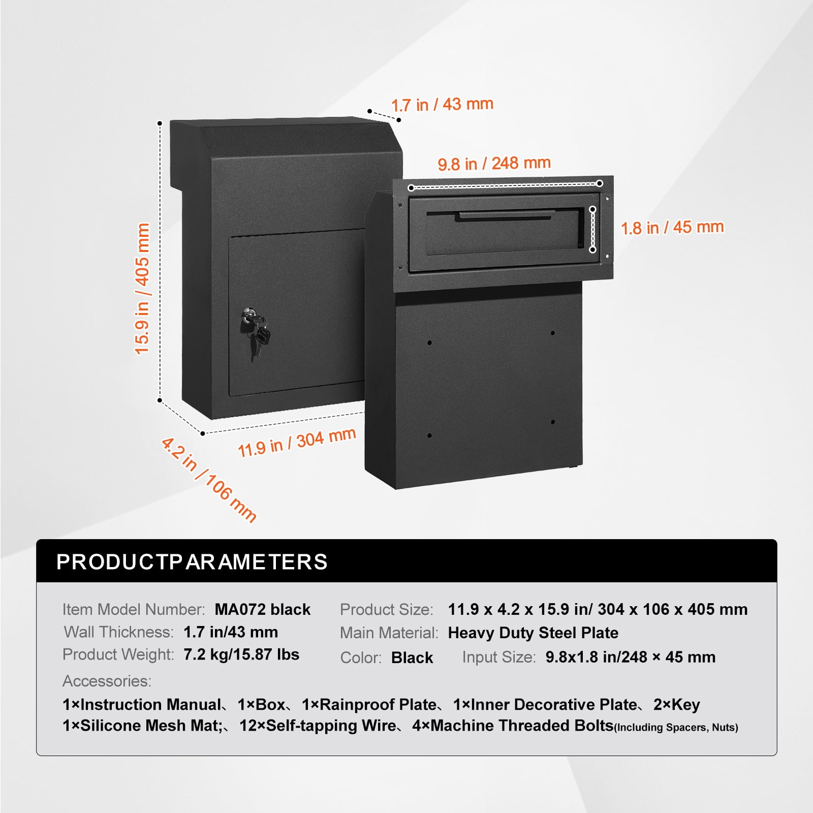 KFFKFF Heavy-Duty Steel Through-Door Mailbox with Key Lock, 12x6x16" Secure Drop Box, Black