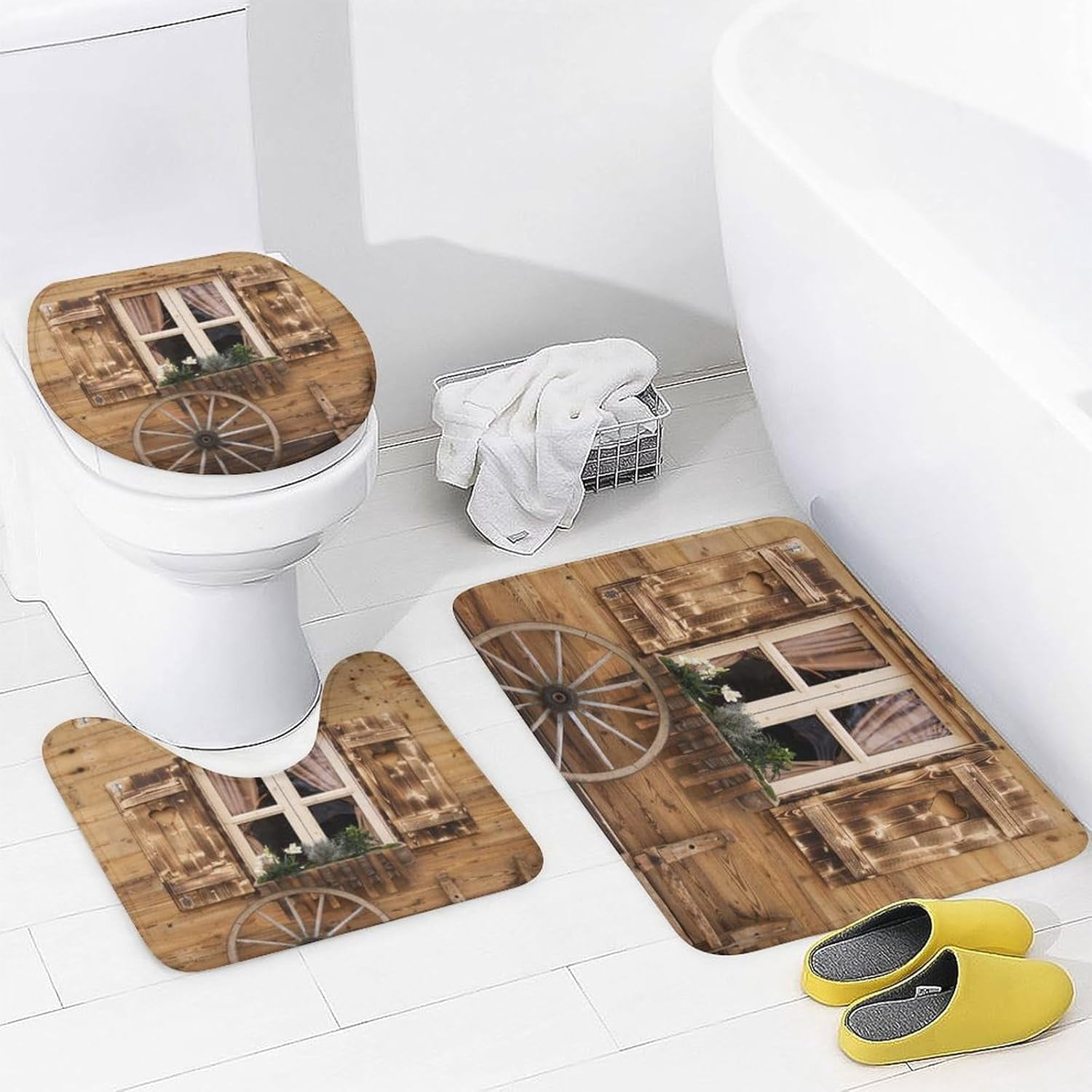Country Barn Door 4 Pcs Shower Curtain set Bathroom Set Rustic Farmhouse Wooden Board Full Moon Shower Mat Shower Curtain with Rug 12 Hooks,72" W x 72" L