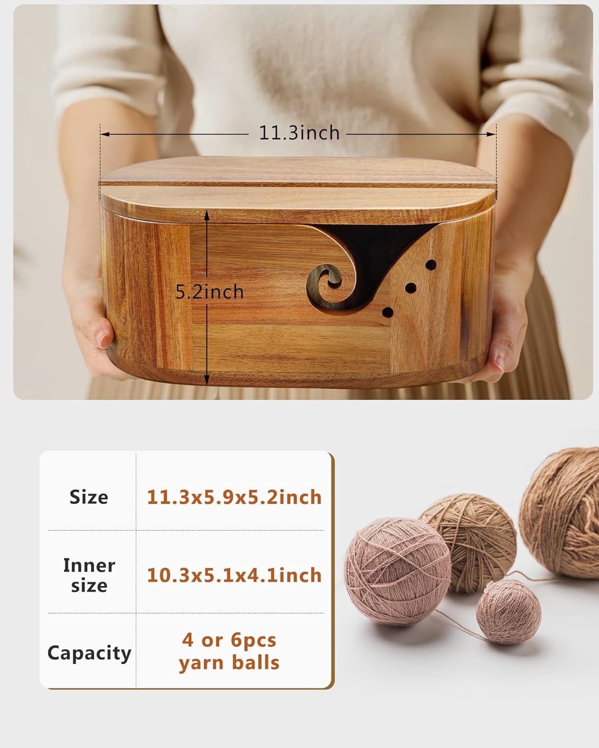 DoubleFill Oval Wooden Yarn Bowls for Knitting, Acacia Crochet Yarn Holder with 9pcs Hooks and Lid Crochet Knitting Storage Bowl for Knitters Gift Craft, 11.2" x 6.1"x 4.8"