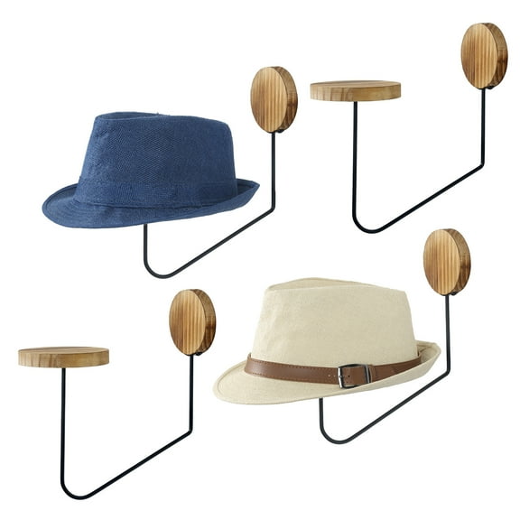 Set of 4 Burnt Wood & Black Metal Floating Hat Holder, Wall Mounted Display Rack