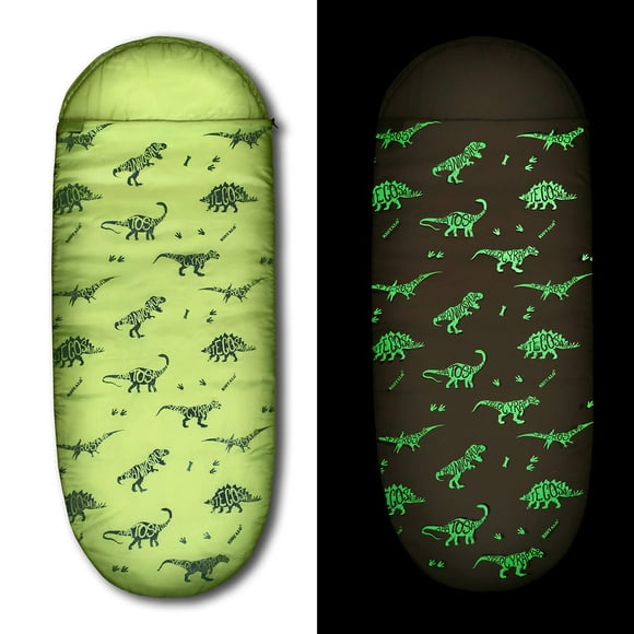 RIOYALO Saco de dormir de dinosaurio que brilla en la oscuridad para niños, camping, senderismo, lavable a máquina, duradero, impermeable, ligero, bolsa de dormir y mochila, juego de regalo de 2 pieza