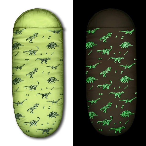 RIOYALO Saco de dormir de dinosaurio que brilla en la oscuridad para niños, camping, senderismo, lavable a máquina, duradero, impermeable, ligero, bolsa de dormir y mochila, juego de regalo de 2 pieza