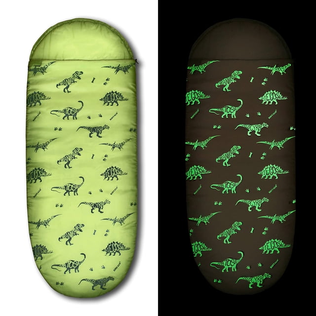 RIOYALO Saco de dormir de dinosaurio que brilla en la oscuridad para niños, camping, senderismo, lavable a máquina, duradero, impermeable, ligero, bolsa de dormir y mochila, juego de regalo de 2 pieza