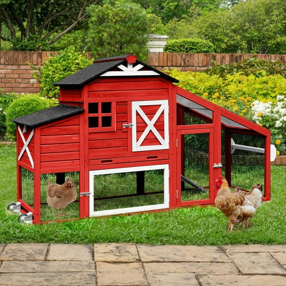 MEDEHOO Outdoor Chicken Coop with Run, 2-Story Wooden Hen House with Wheels, Waterproof Roof & Pull-Out Tray for 2-4 Chickens (Red)