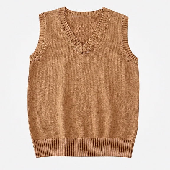 Teylalorva Women's Solid Color Sweater Vest V-Neck Sleeveless Fall Winter Layer Top Khaki Size M