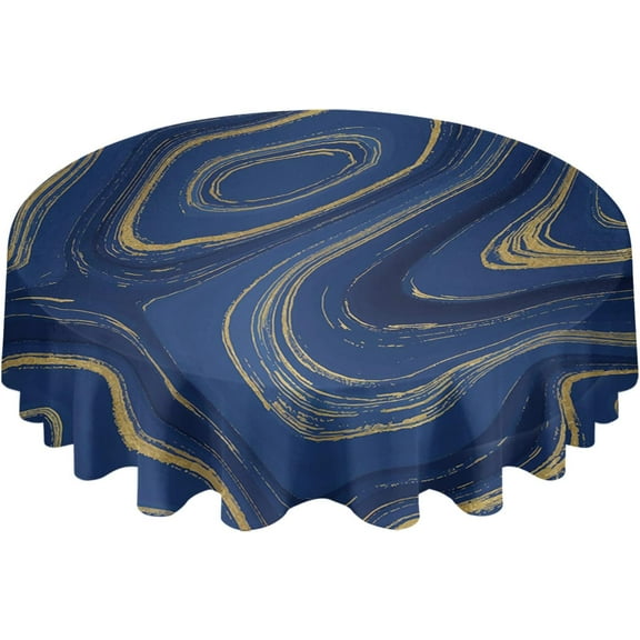Round Tablecloth 60 Inch, Wild Marble Geometric Waterproof Spill Proof Table Cloth, Polyester Washable Table Covers for Dining Table, Parties, Camping, Navy Blue Yellow