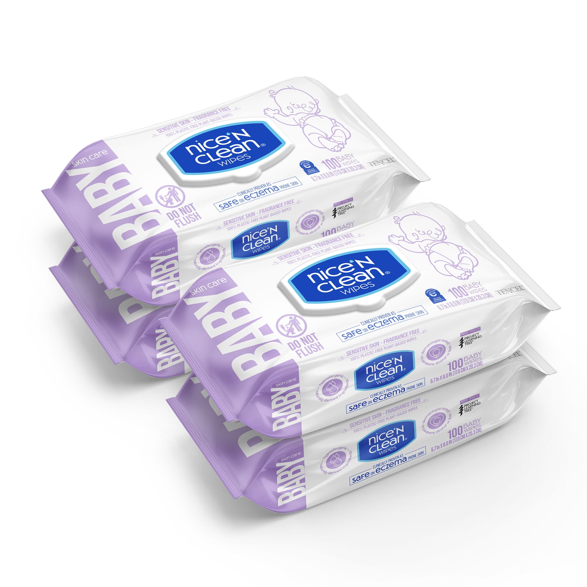 Nice N CLEAN Fragrance Free Sensitive Skin Baby Diaper Wipes, 4 Flip-Top Packs (400 Total Wipes)