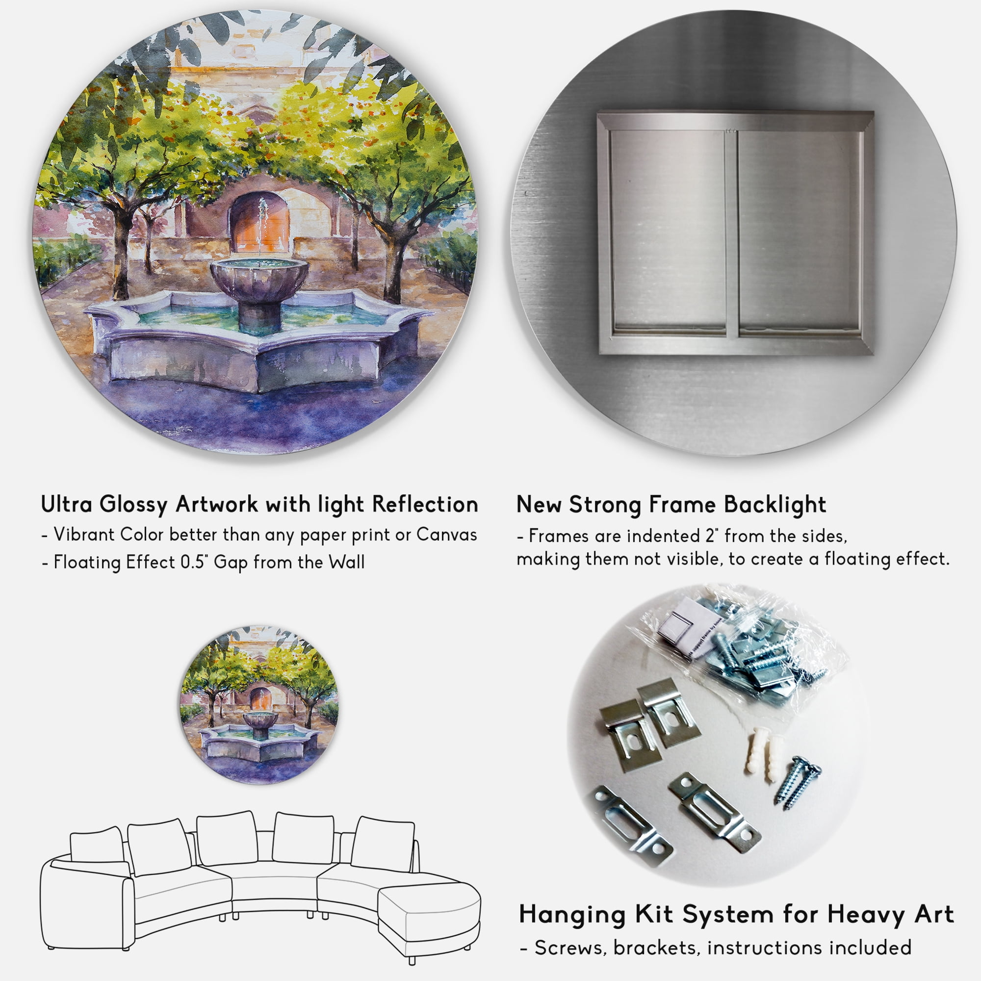 Designart 'Small Fountain With Trees In The Village House' Country Circle Metal Wall Art 29x29 - Disc of 29