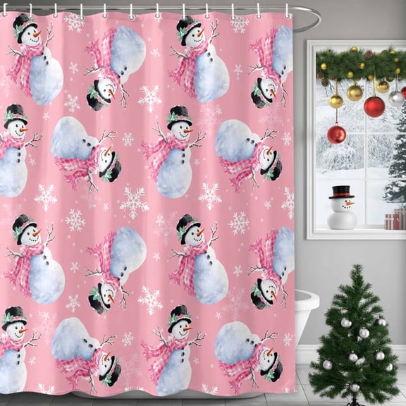 Merry Christmas Shower Curtains for Bathroom, Pink Scarf Snowman Snowflake Waterproof Fabric Shower Curtain for Bathroom Bathtub Decoration, Machine Washable, 72"x72"