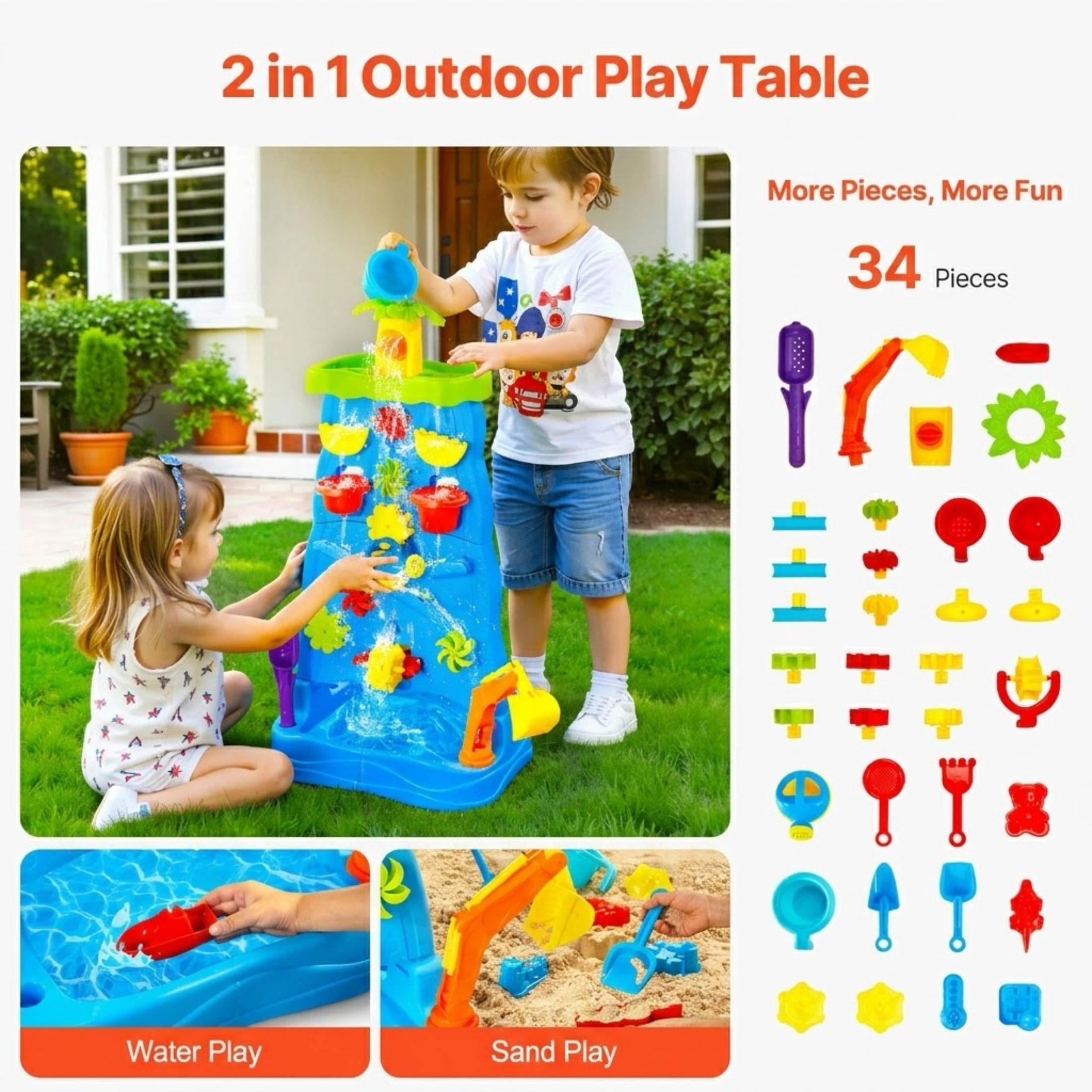 Sand and Water Table for Toddlers, 37-Piece Double-Sided Kids Activity Sensory Table with Waterfall, Outdoor Summer Toy for Ages 3+