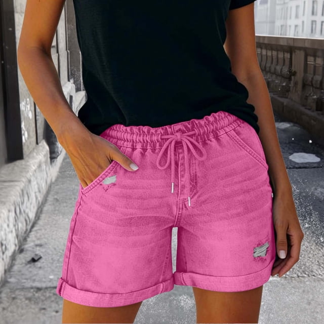 LVHAOGJOB Womens Mid Rise Jeans Summer Elastic Waisted Short Jeans Stretch with Pockets Solid Shorts for Women Drawstrings