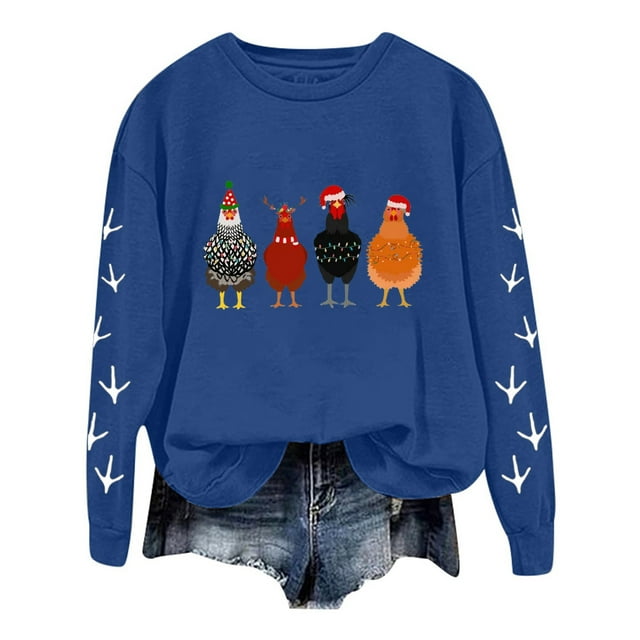 WEAIXIMIUNG Sweat-Shirt Court Grande Taille Noël Oversize Femmes Manches Longues Col Rond Sweat-Shirts Imprimé Poulet Léger Ample Haut
