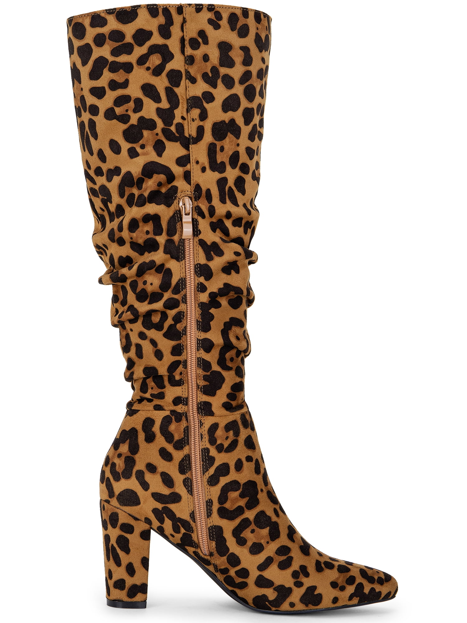 DARING DIVA Women's Pointed Toe Chunky Heel Knee High Boots Leopard 6.5