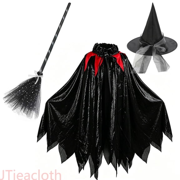 JTieacloth Womens Shiny Witch Cape with Hat and Broom Set for Party Dress-Up Outfits