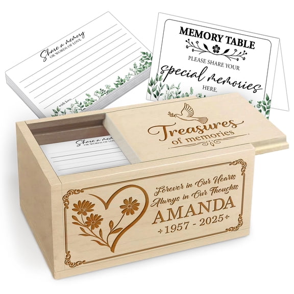 Personalized Memorial Memory Box with Custom Text and Name – Wooden Keepsake Box with 120 Cards for Celebration of Life, Funeral Service or Anniversary