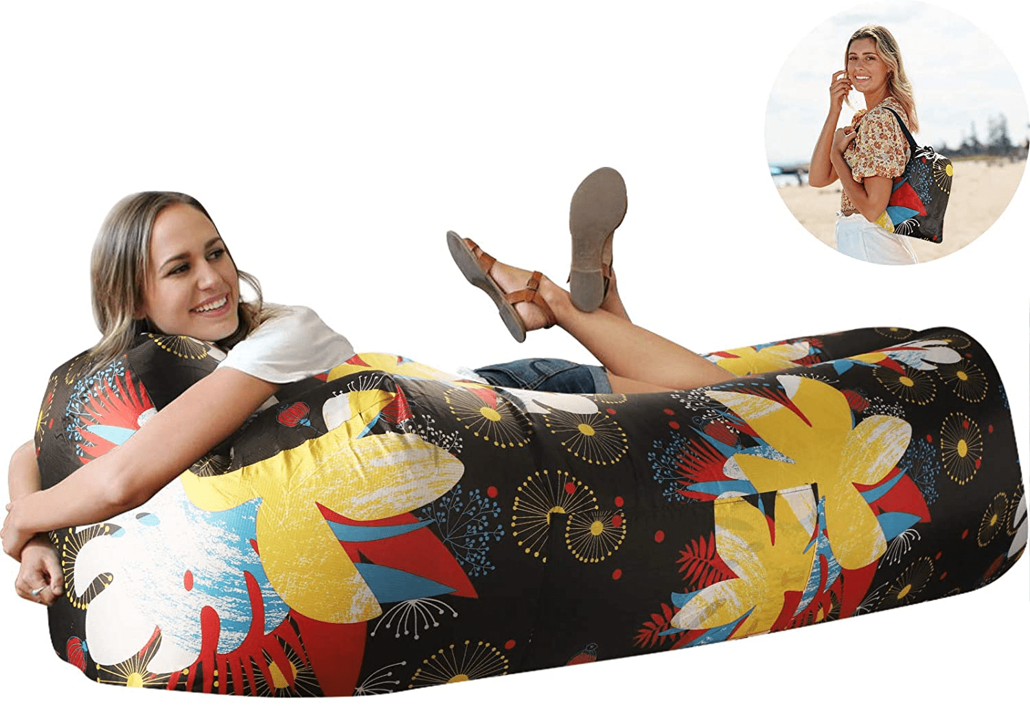 Pump-free inflatable air Lounger Sofa bed made of 210T ripstop polyester Yellow 