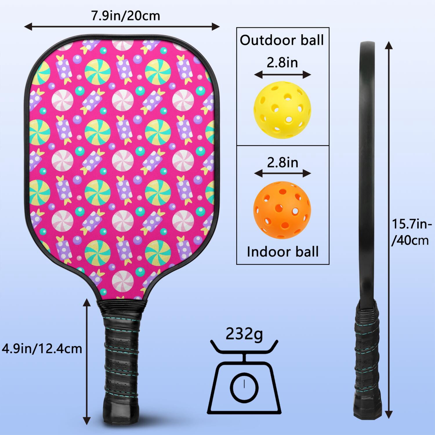 Pickleball Paddles Set Of 2, Fiberglass Surface, Sweet Candy Print, 4 Balls & Bag
