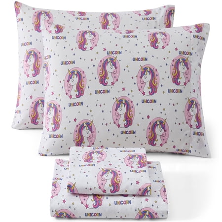 THD White Unicorn Printed Kids Bed Sheets - 4 Piece - Patterned Girls Bed Sheet Set - Wrinkle Resistant & Ultra Soft - Fits Mattresses up to 15 Inches Deep - Full