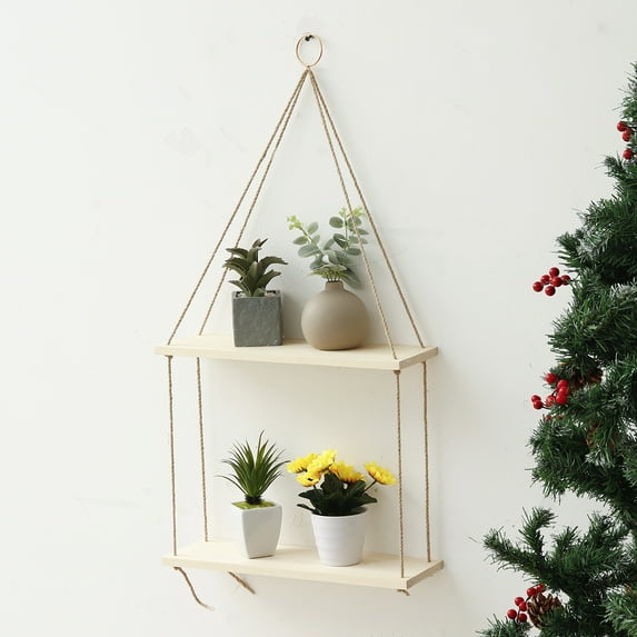 1/2/3 Tier Wall Hanging Shelf - Wood Hanging Shelves for Decor, Plants, Book - Farmhouse Rustic Small Shelf for Bedroom Bathroom Living Room - Triangle Window Rope Plant Wooden Shelf