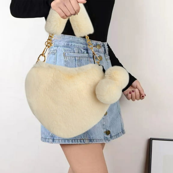 Herrnalise Furry Purse for Girls Heart Shaped Fluffy Faux Fur Handbag for Women Soft Small Shoulder Bag Clutch Purse,White
