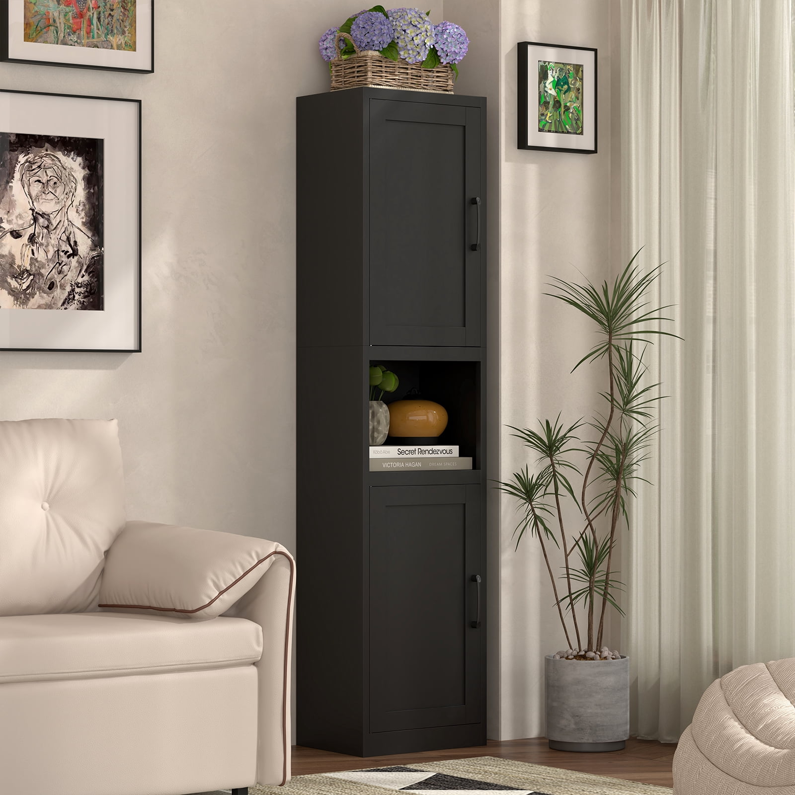 Marcree 67" Tall Bathroom Storage Cabinet, Metal Narrow Storage Cabinet with 2 Doors & 6 Shelves, Slim Skinny Cabinet for Linen, Pantry, Kitchen, Living Room & Home Office, Black