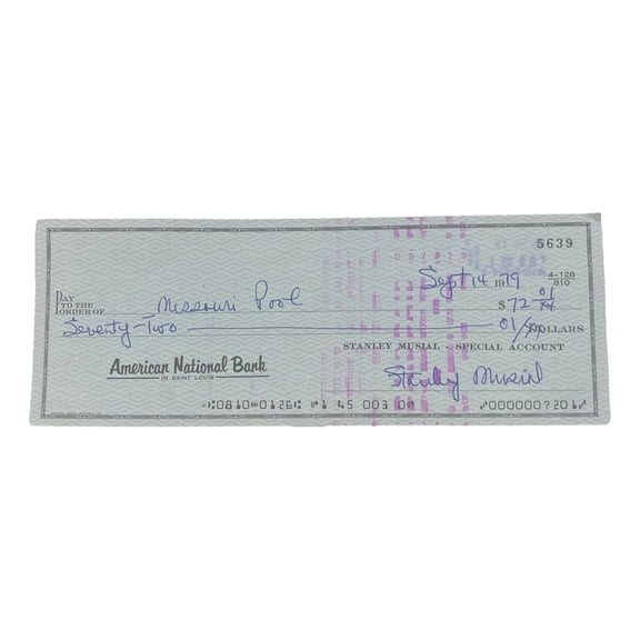 Stan Musial St. Louis Cardinals Signed Bank Check #5639 BAS