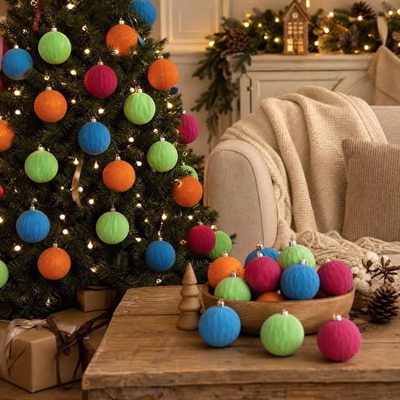 12 Pcs Colorful Flocked Christmas Ball Ornaments Set, Assorted Bright Color Textured Christmas Balls With Glitter Detail, Shatterproof Hanging Christmas Ornaments for Holiday Party Home Decor