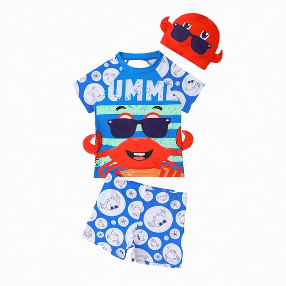 Ccpelsie Toddler Boys Swim Set 2 Piece Swim Trunks and Short Sleeve Rash Guard for Boys Kids Swimwear(Blue,6-7 Years)