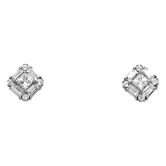 14k White Gold Studded Square Stud Art Deco Vintage Geometric Earrings Jewelry Female Unisex