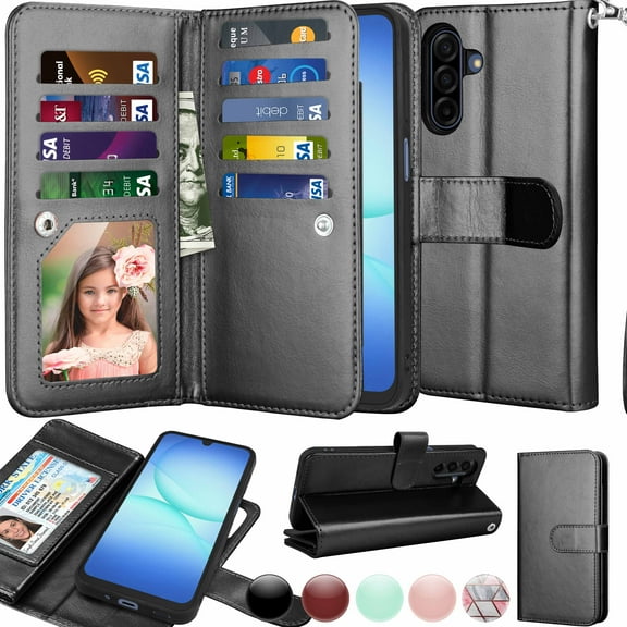 Wallet Case for Samsung Galaxy A17 5G 2025 Wallet Case ,[9 Card Slots] Luxury PU Leather Credit Holder Carrying Folio Flip [Detachable] Kickstand Magnetic Phone Cover & Lanyard [Black]