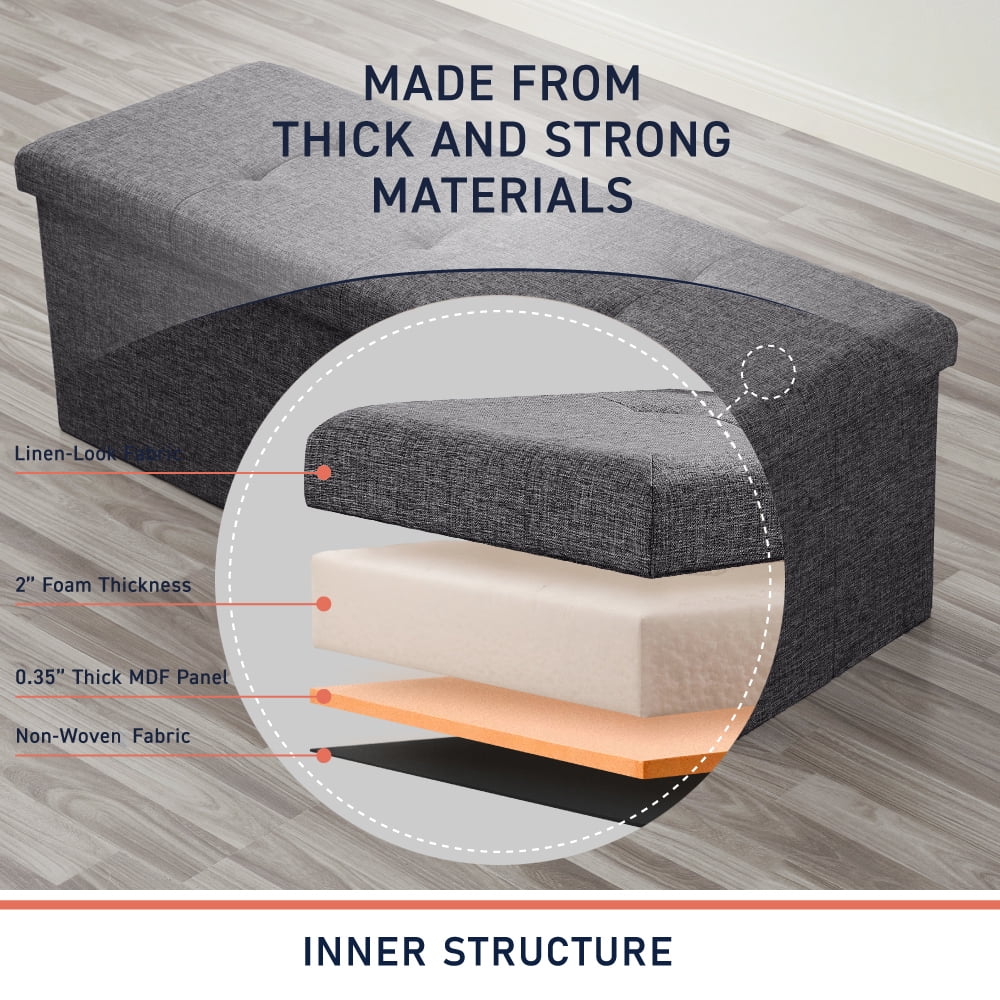 Ornavo Home Foldable Tufted Linen Large Storage Ottoman Bench Foot Rest Stool/Seat - 15" x 43" x 15"