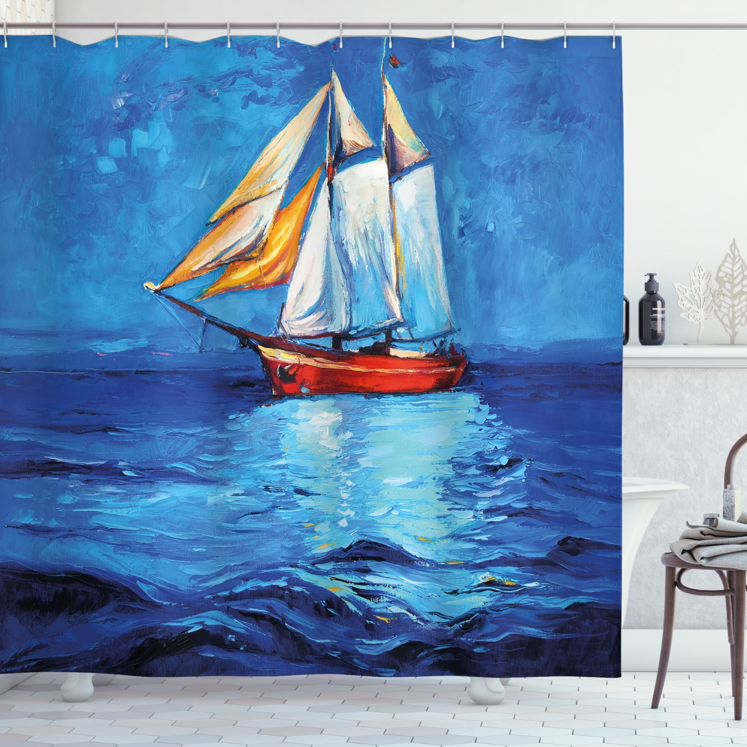 Waterproof Fabric Shower Curtain Set Oil Painting Style High Seas Pirate Ship