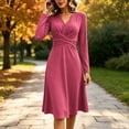 thumbnail image 6 of Ashirexll Long Sleeve Dress for Women A-Line Wrap Style Long Sleeve V-Neck Solid Color Dress with Cross Over Waist, 6 of 6