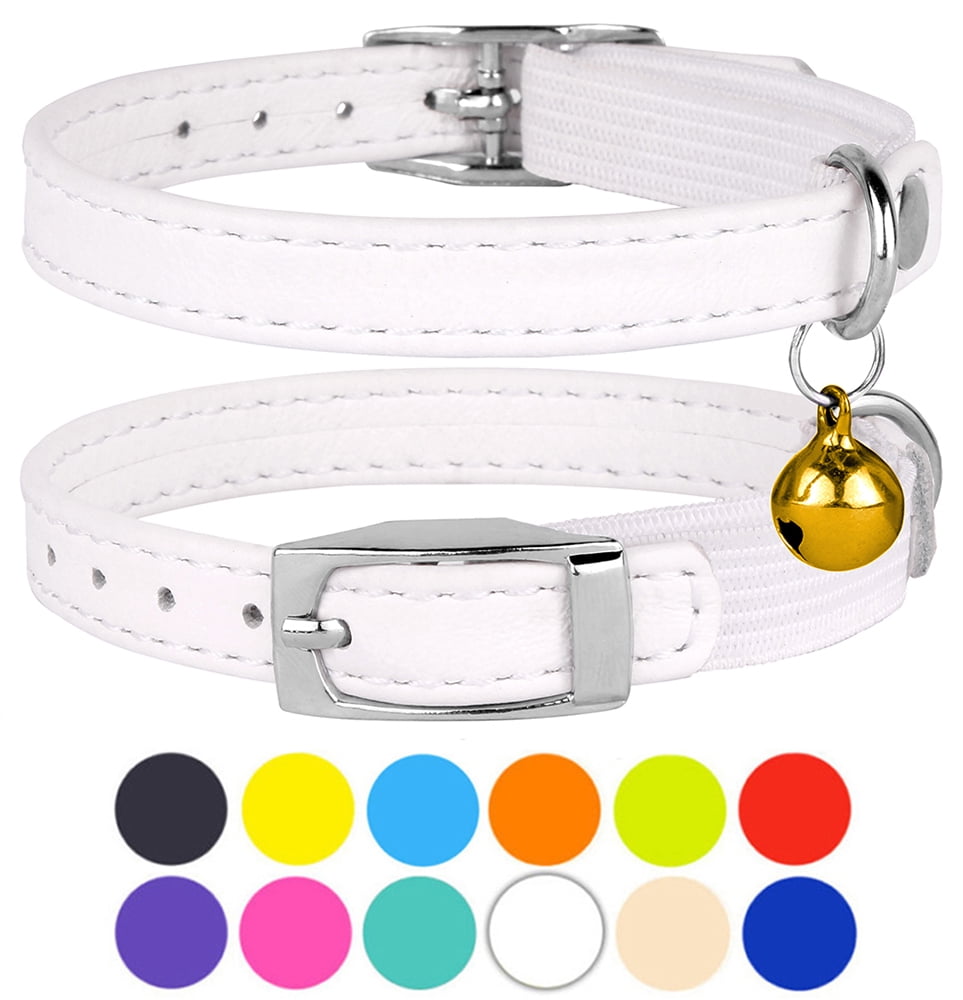 Leather Cat Collar Breakaway Safety Collars Elastic Strap for Small Cats Kitten with Bell, White