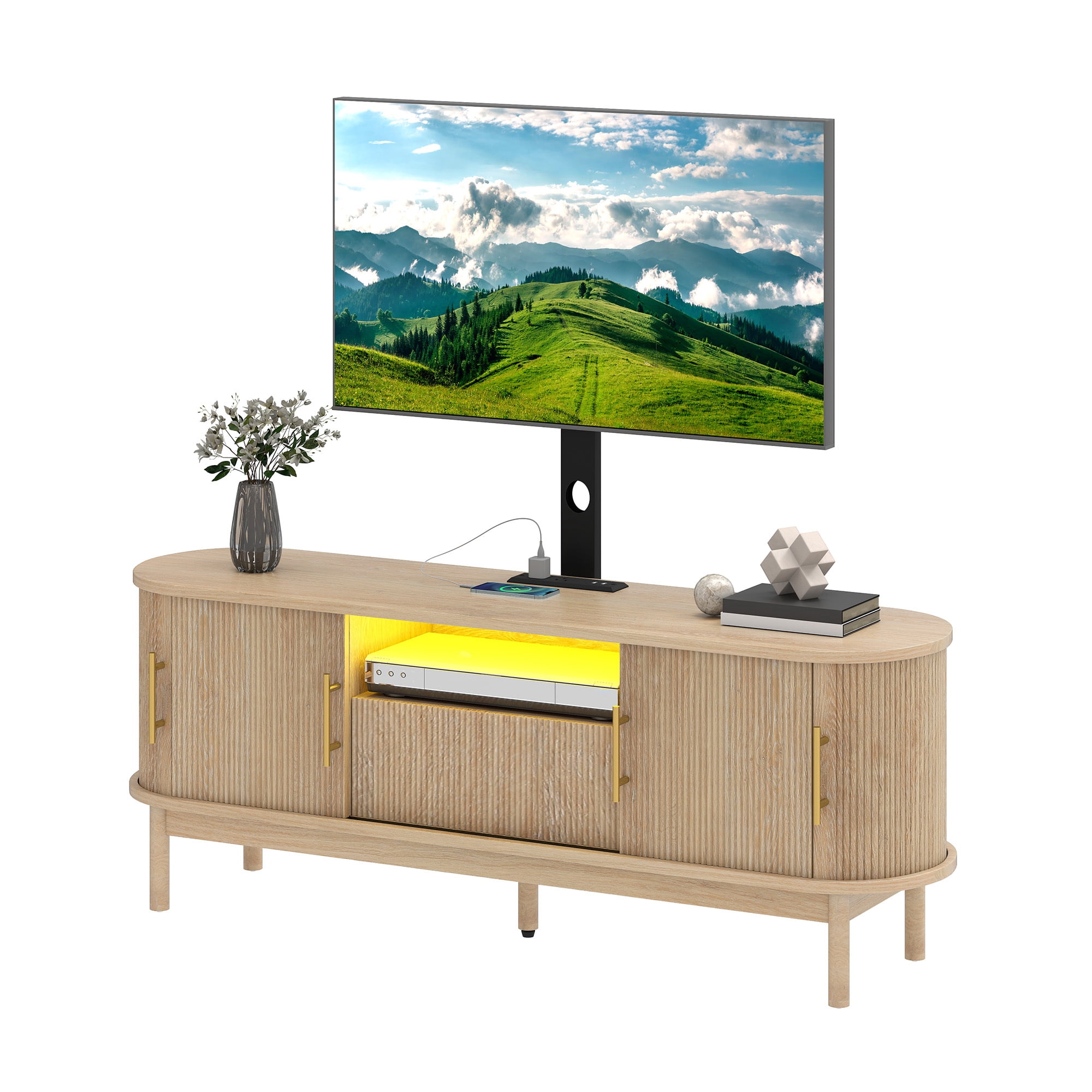Uforic 60 Inch Modern Fluted TV Stand with Adjustable TV Mount, Fits 32-70 Inch TVs, for Living Room, Beige