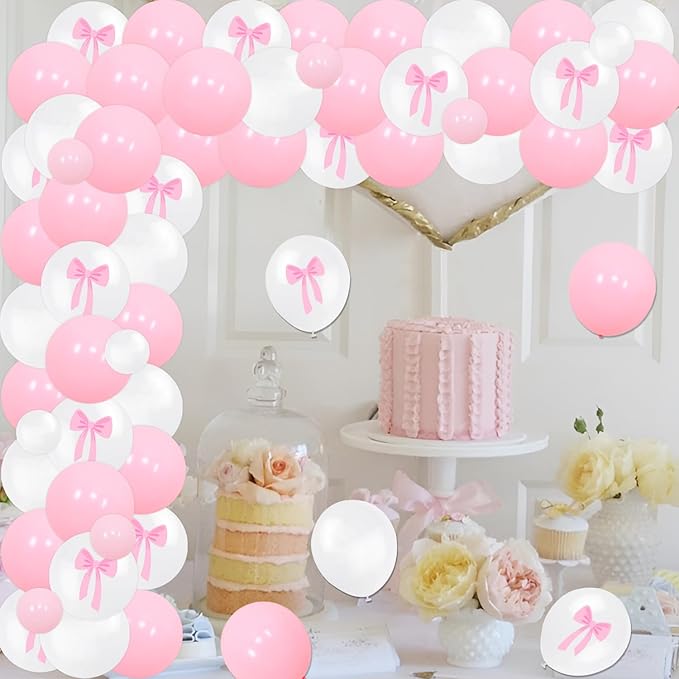Pink Bow 1st Birthday Party Decorations Pink Bow Balloon Arch Kit Bowknot Happy Birthday Banner Photo Banner Cake Topper Cupcake Topper High Chair Banner for Girls First Birthday Party Supplies