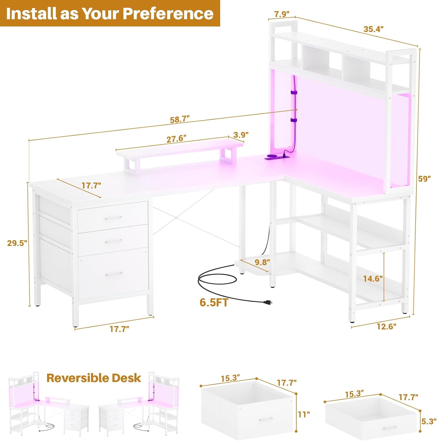 Homieasy 58.7'' L Shaped Computer Desk with Hutch, Power Outlets, LED Lights & Storage Drawers, for Home & Office, White