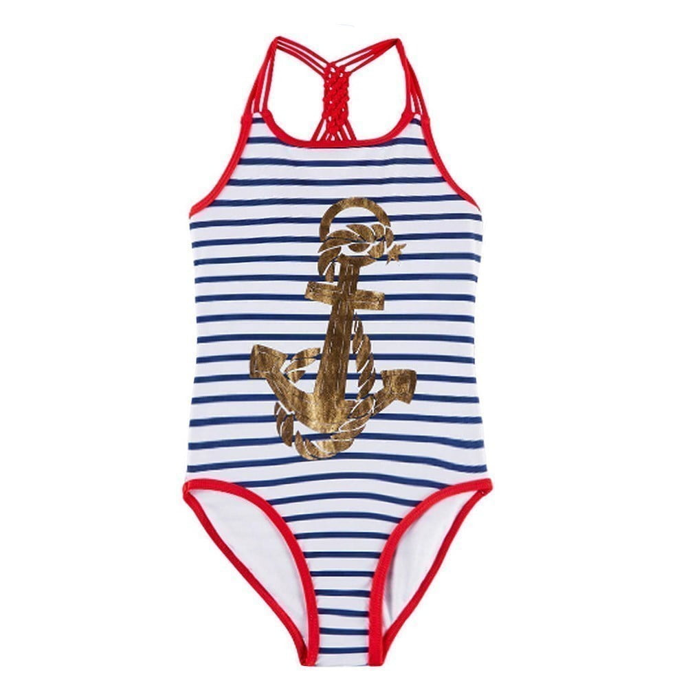 Jantzen 8 Girl's 2 Pc  Bikini Tankini Set Swimsuit Navy Blue Red Anchor Ruffle 