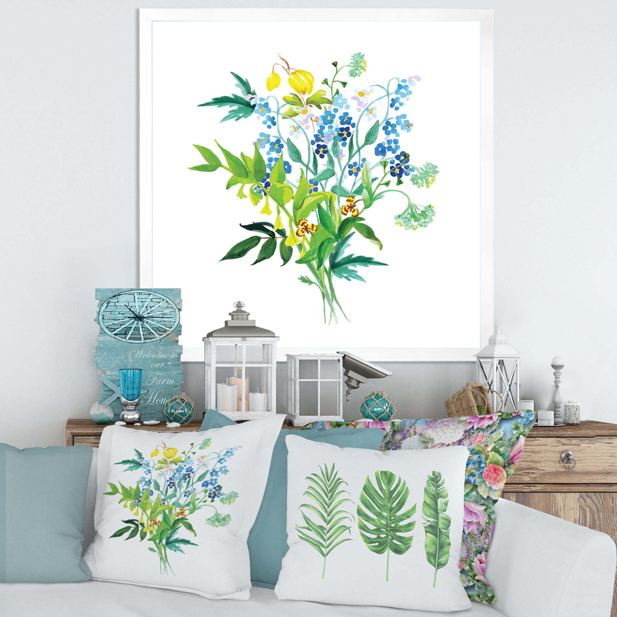 Designart 'Meadow Flowers Garland On White' Farmhouse Framed Art Print