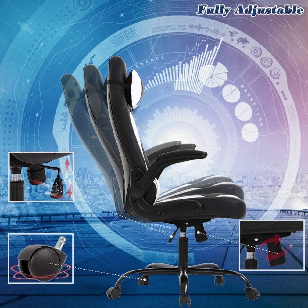 PC Gaming Chair, Ergonomic Computer Chair Height Adjustable Chair Massage Game Chair Office Chair Ergonomic Desk Chair with 360°-Swivel Wide Seat and Headrest for Office or Gaming, White
