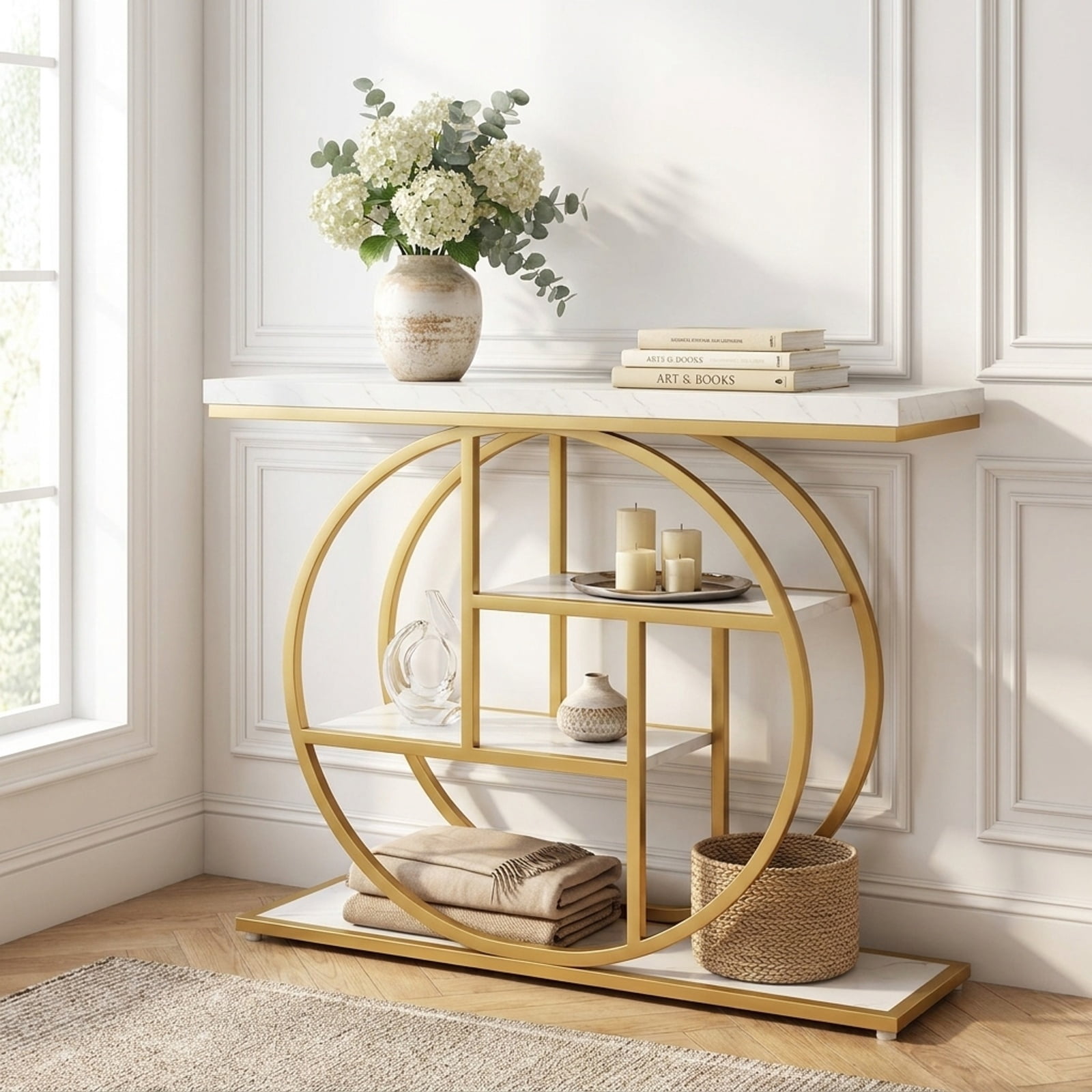 Furnibear 41 Inch 4-Tier Console Table with Storage Shelves and O-Shaped Metal Frame for Entryway Hallway Living Room and Behind Sofa, White