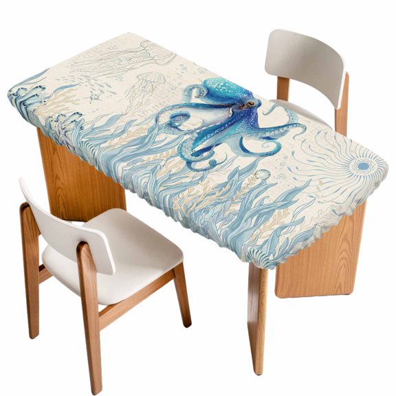 Blue Octopus Coastal Table Cloths for 5 Foot Rectangle Tables, Coral Summer Beach Nautical Ocean Beige Patio Waterproof Elastic Fitted Tablecloths, Washable Rectangular Table Cover for Camping