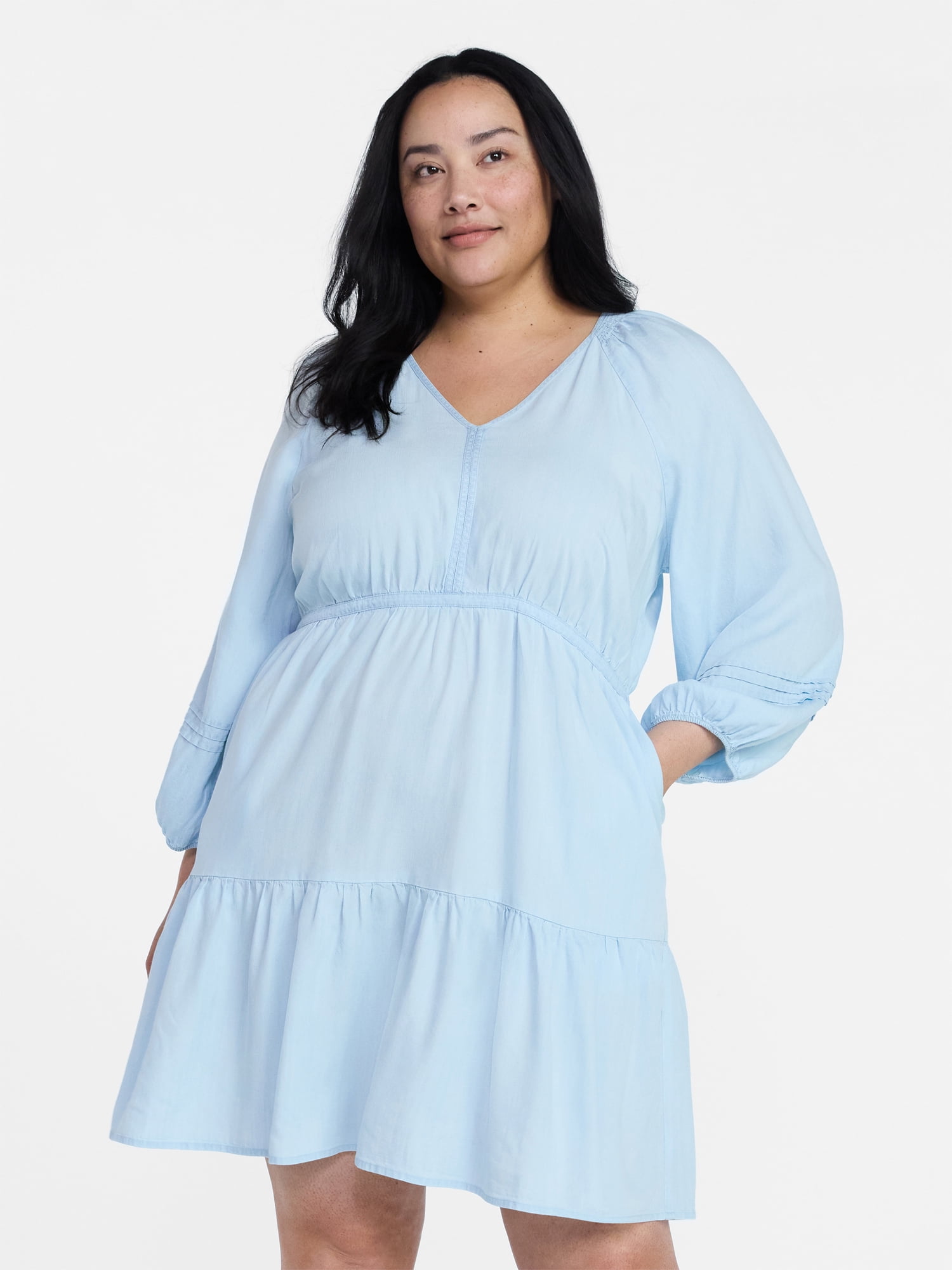 Time and Tru Women's Tiered Mini Dress with ¾ Sleeves, Sizes XS-XXXL