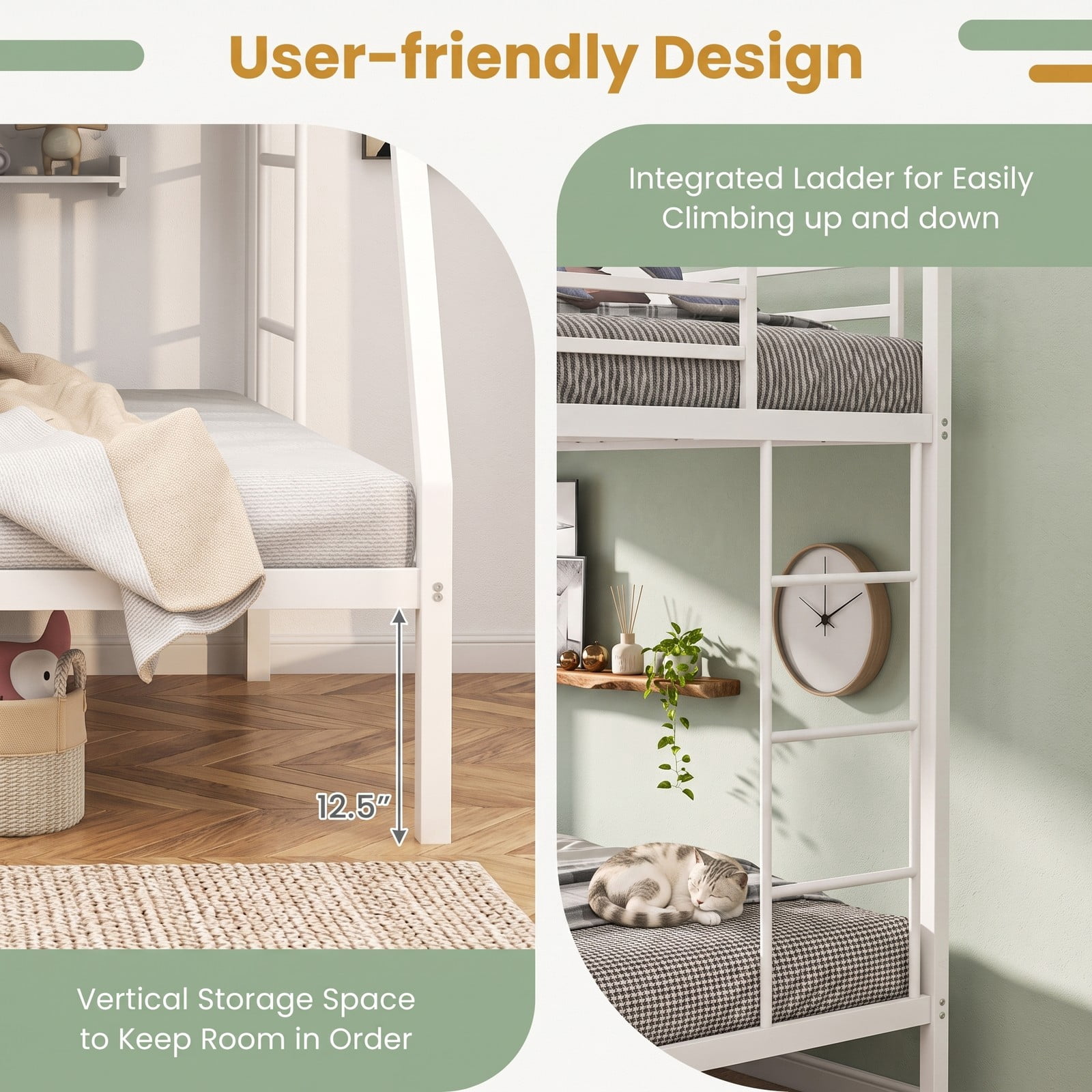 Furnibear Twin Over Full Metal Bunk Bed Frame with Ladder and Safety Guardrails for Kids Teens Dorm and Guest Bedroom , White